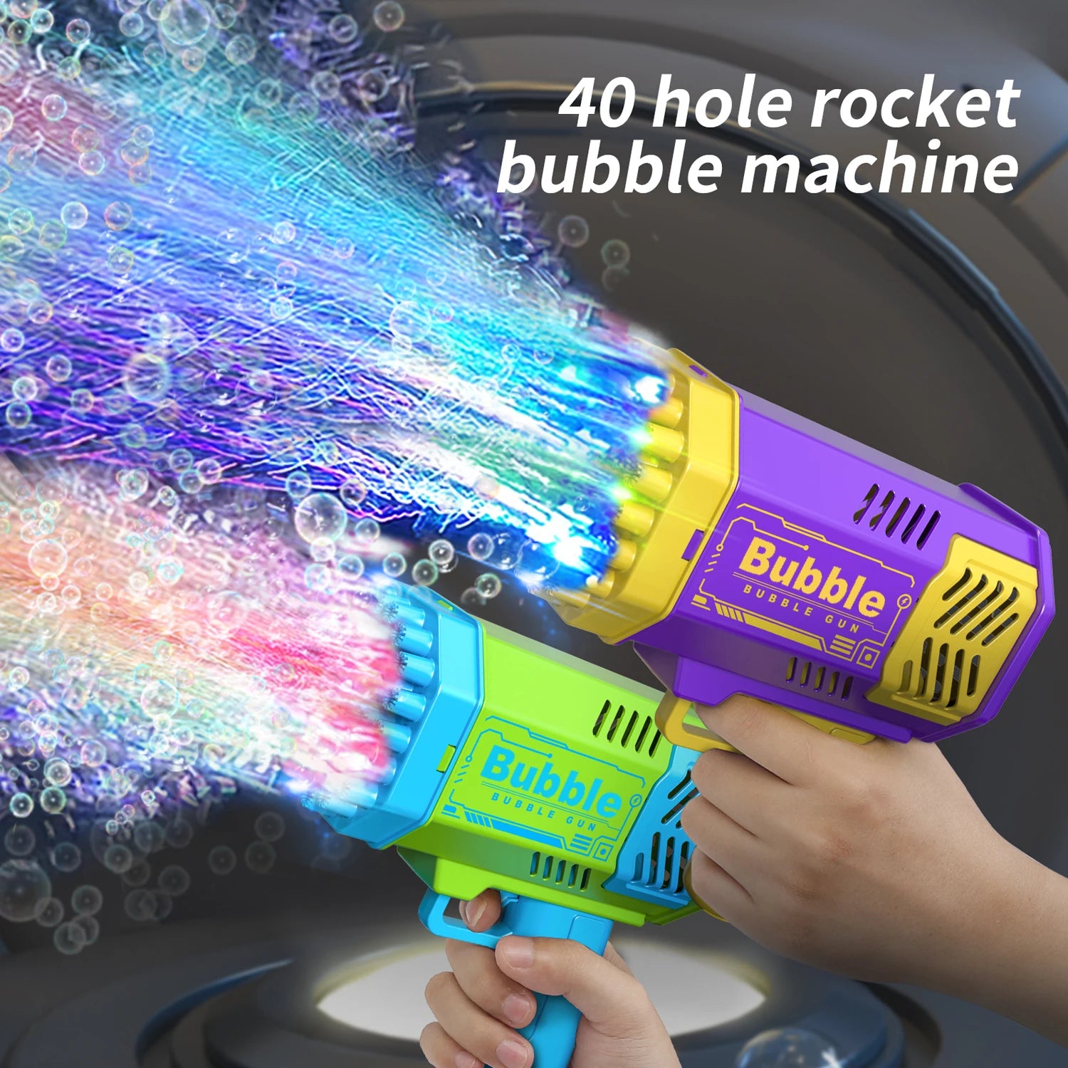 LAQTA fully automatic bubble machine producing colorful bubbles, ideal for parties and outdoor fun.