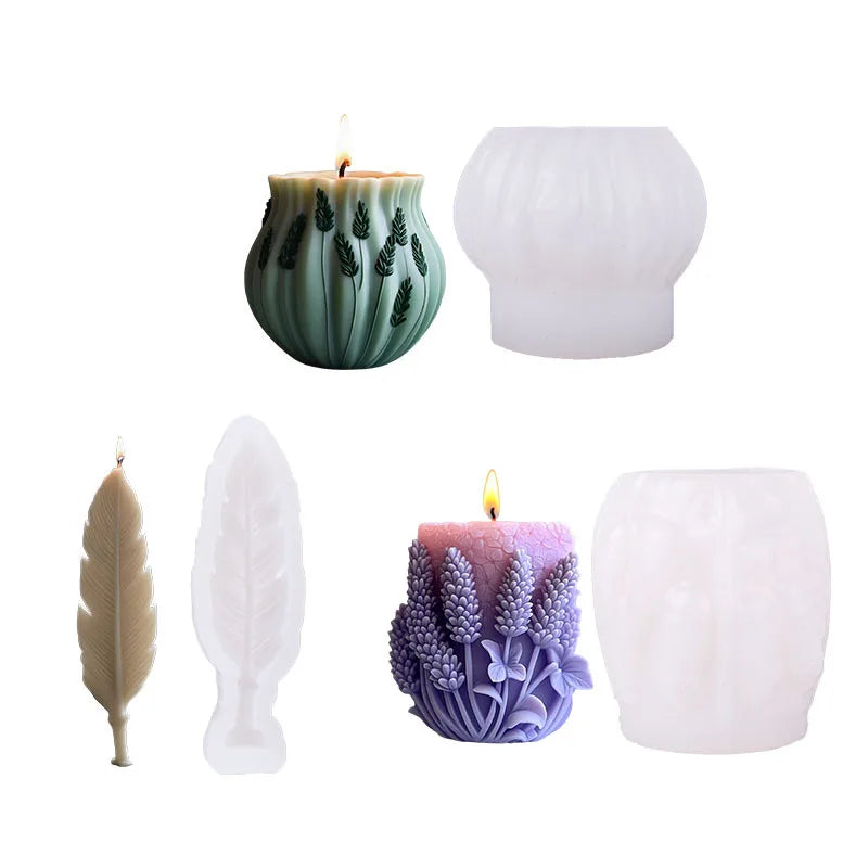 Lavender silicone candle mold by LAQTA, showing flexible silicone mold with lavender color and detailed candle shape inside.