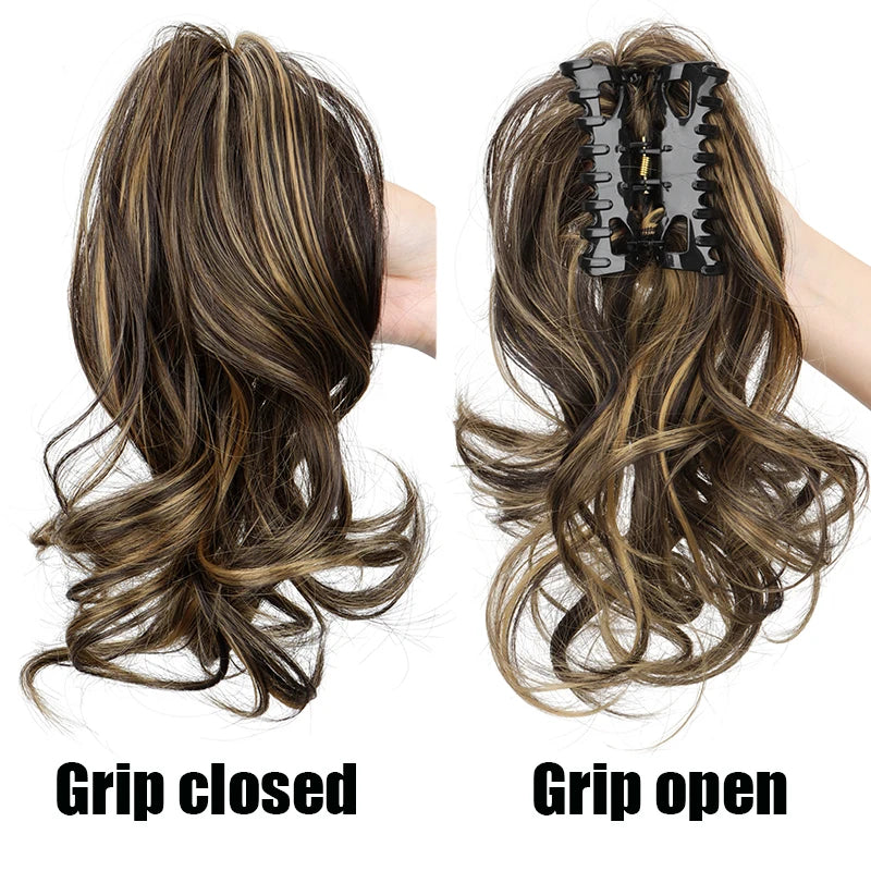 Short curly clip-in ponytail extension by LAQTA, showcasing a natural-looking, voluminous curly ponytail style.