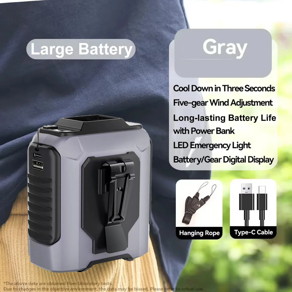 LAQTA extra-large battery waist fan with adjustable straps and dual fans for cooling comfort.