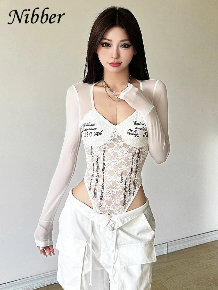 Woman in LAQTA letter print bodysuit with long sleeves, showcasing casual and stylish apparel featuring bold letter design.