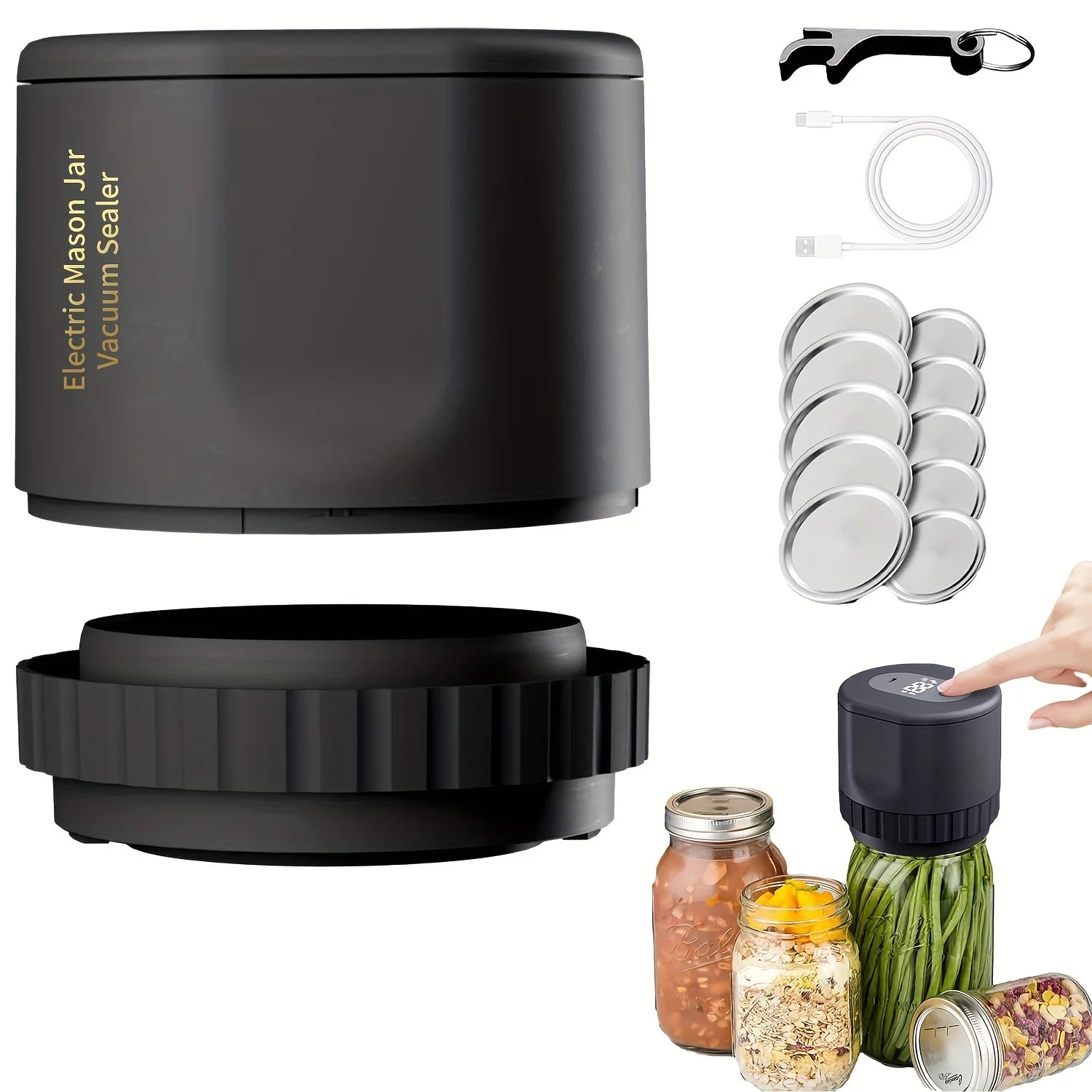 Semi-automatic can sealer by LAQTA, showing the metal machine with handle and sealing mechanism for cans.