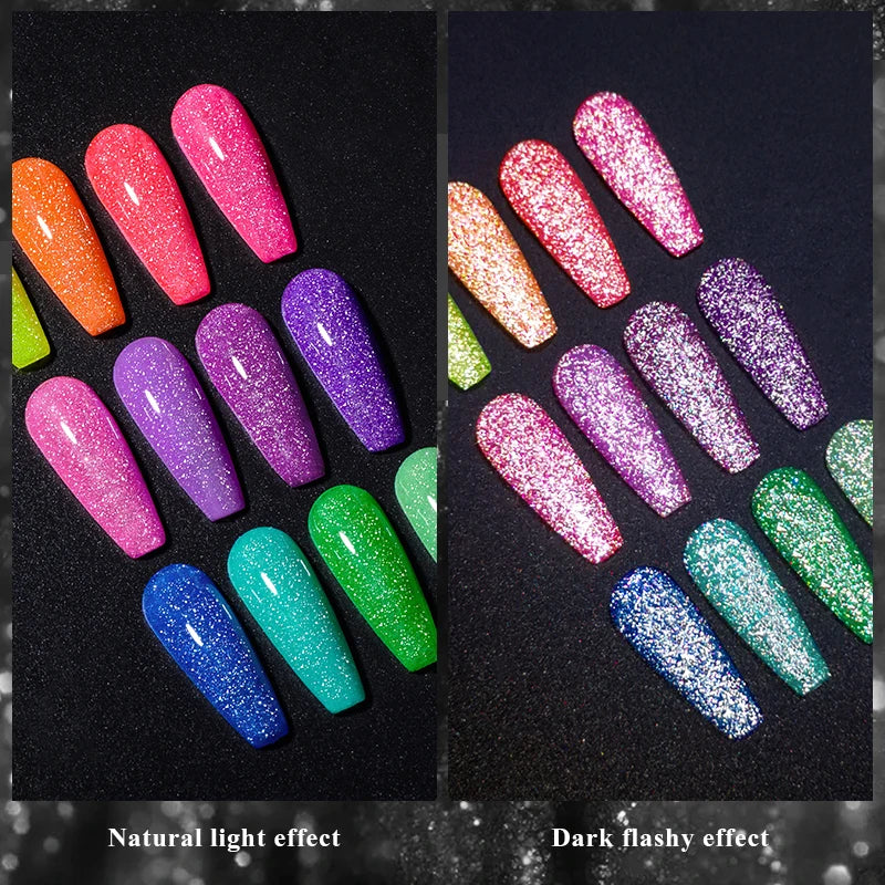 LAQTA fluorescent reflective gel nail polish displayed on a hand, showcasing vibrant, glowing nail design with shiny finish.