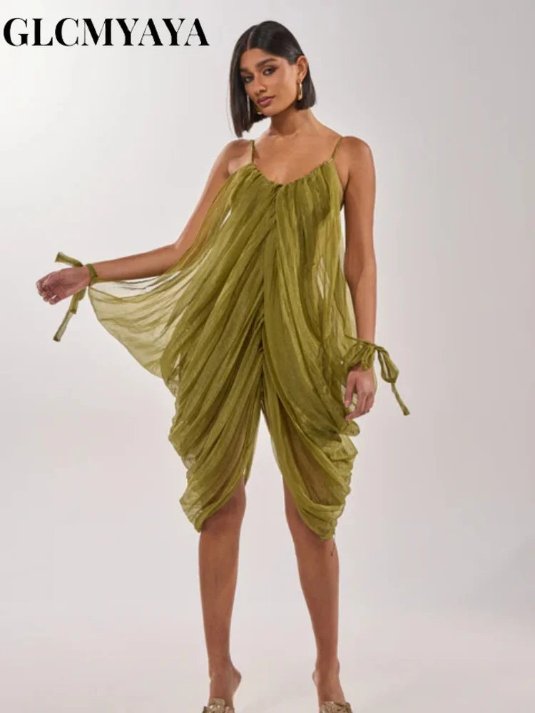 LAQTA sheer mesh dress with draped design and plunging neckline, elegant and stylish for evening wear.