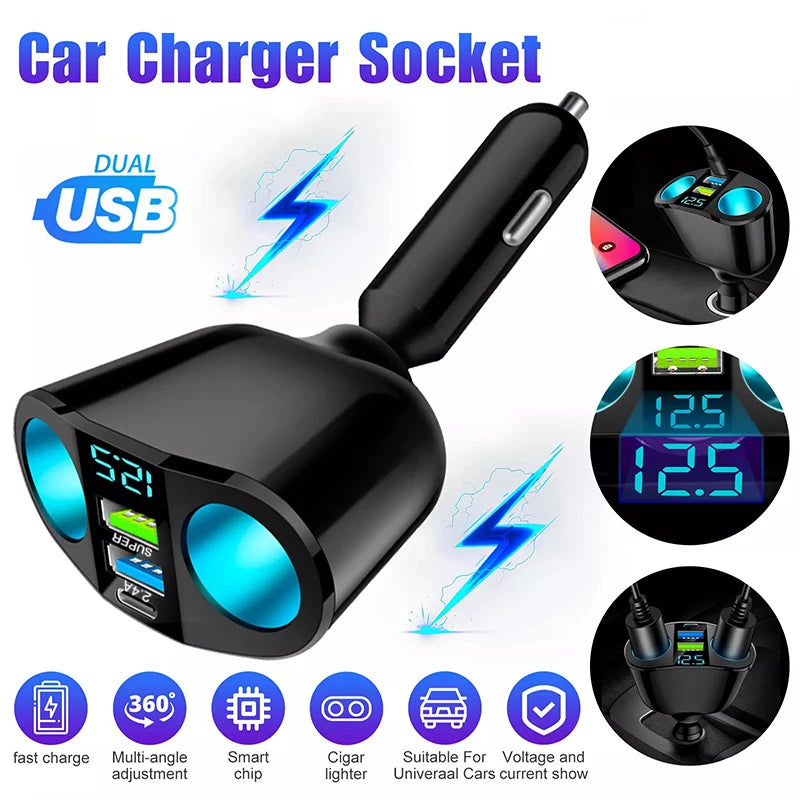 LAQTA dual-port car charger adapter with USB ports mounted in a vehicle for charging devices on the go