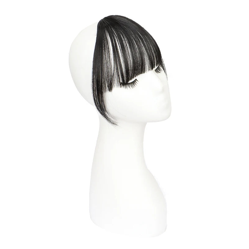 LAQTA synthetic invisible hair bangs showing natural black color and sleek, seamless design for a stylish hair enhancement.