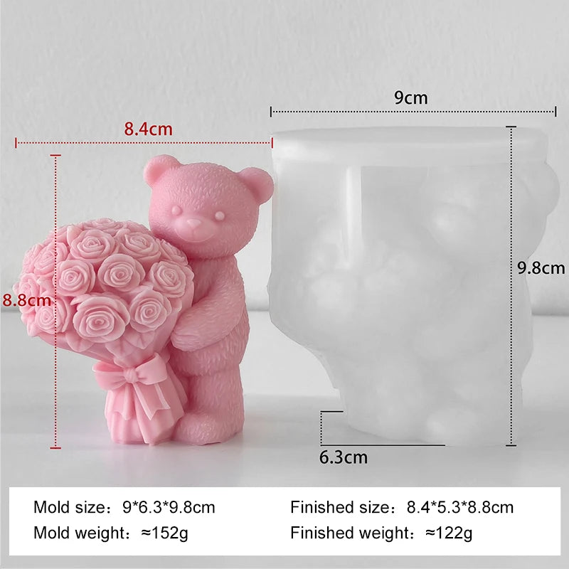 Love Rose Bear silicone candle mold by LAQTA, showing a detailed heart-shaped rose design with mold cavity for candle making.