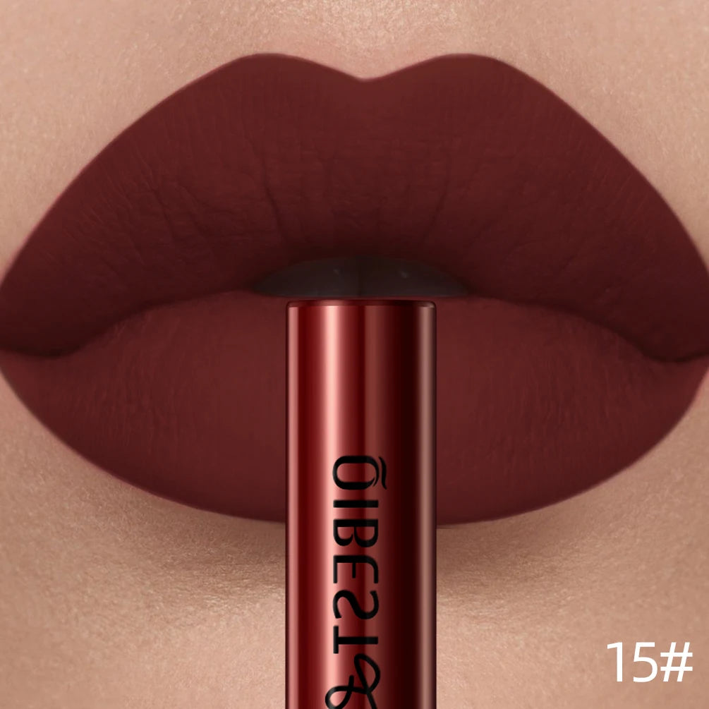 LAQTA matte liquid lipstick in deep nude shade, showing smooth, even application on lips with a matte finish.