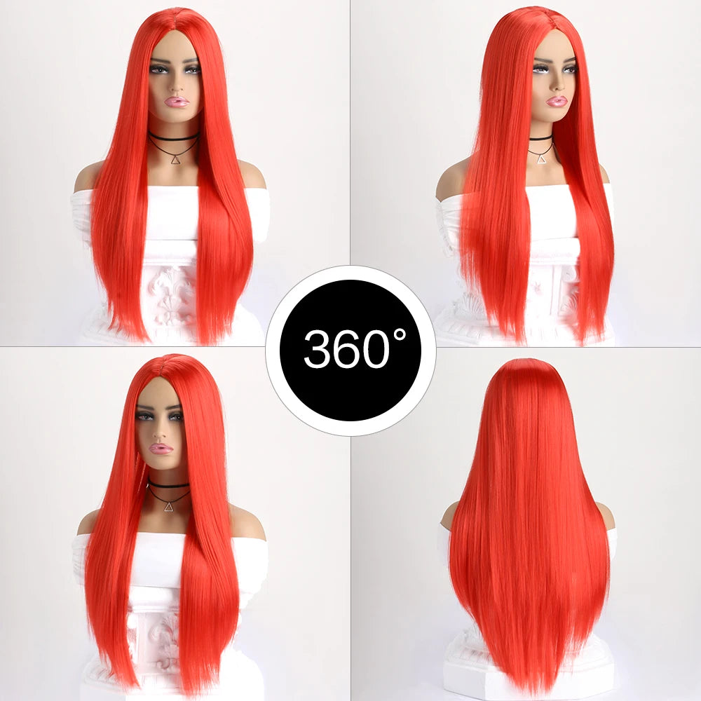 Long straight synthetic wig by LAQTA with sleek, smooth hair flowing down naturally on a neutral background.