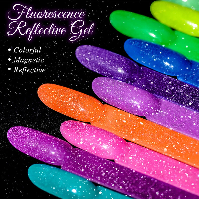 LAQTA fluorescent reflective gel nail polish showing vibrant, glowing colors on a nail tip under UV light.