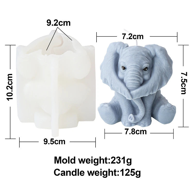 3D elephant silicone candle mold by LAQTA showing the detailed elephant shape with textured surface and flexible silicone material.