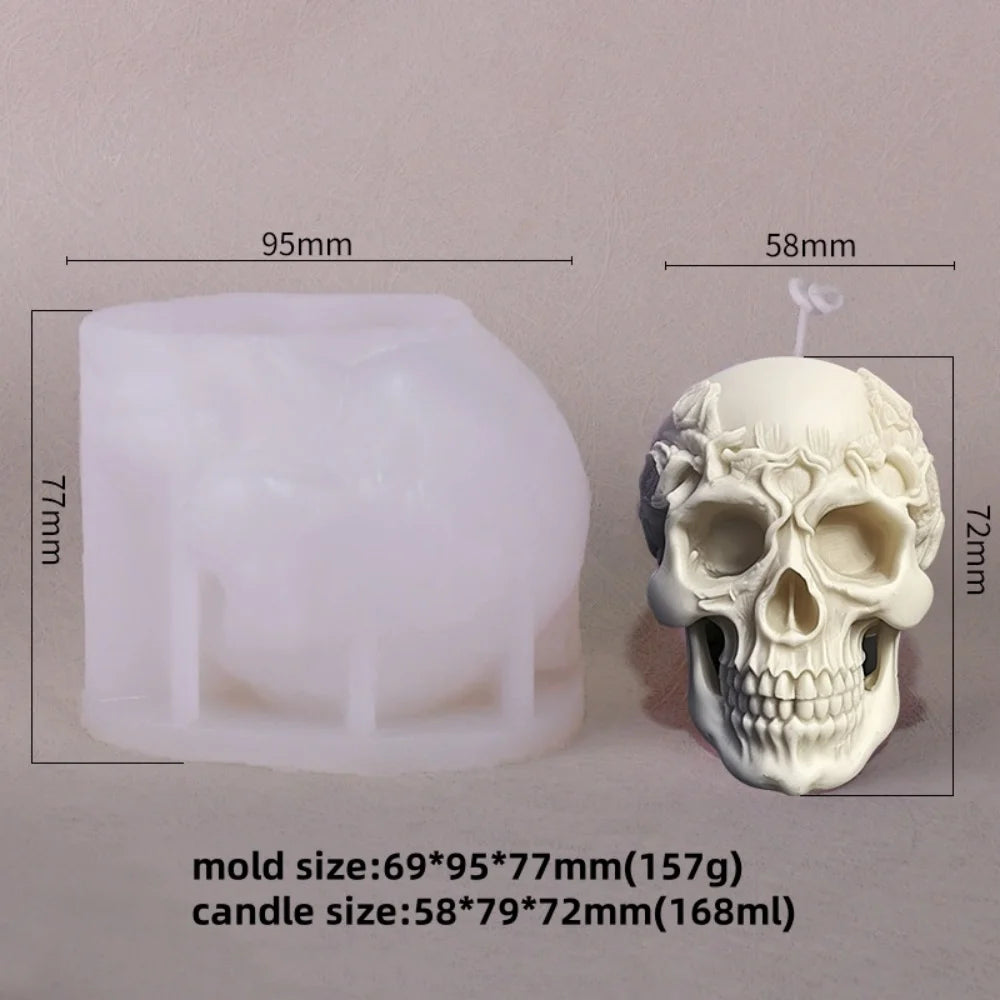 LAQTA Rose Relief Skull Candle Silicone Mold showing detailed skull design with rose relief patterns for candle making.