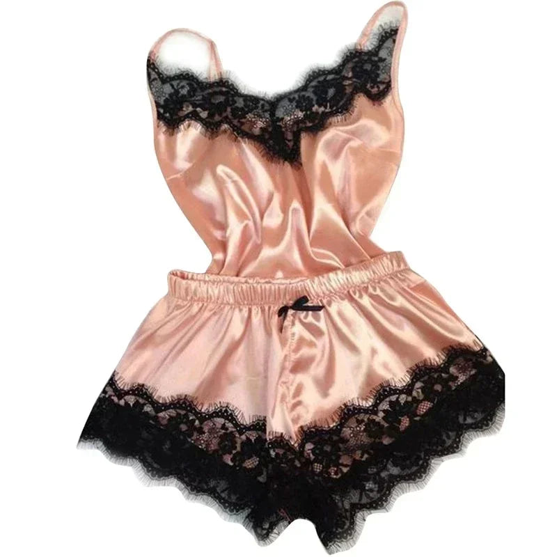 LAQTA summer lace silk pajama set featuring a lightweight, elegant design with lace details and a comfortable fit.
