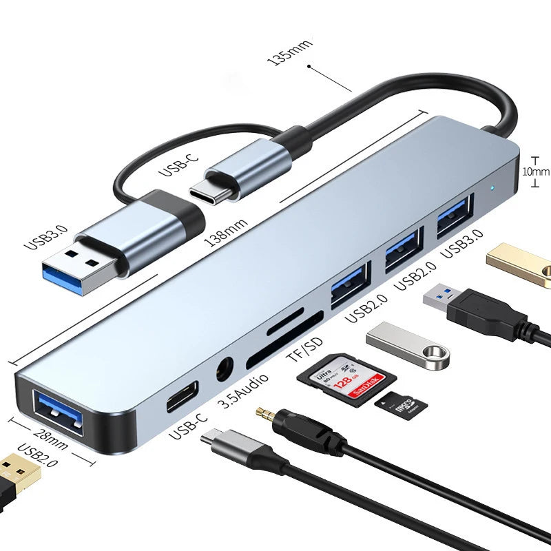 LAQTA 8-inch USB and Type C hub docking station with multiple ports, compact design, and sleek black finish.