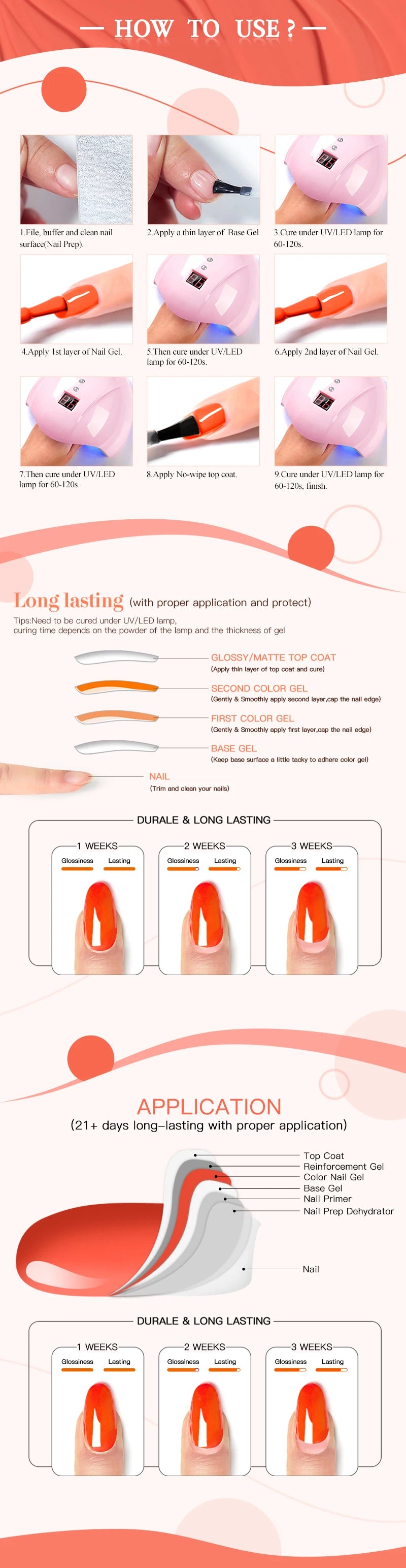 Red gel nail polish from LAQTA with crystal accents, shown on a hand with neatly manicured nails.