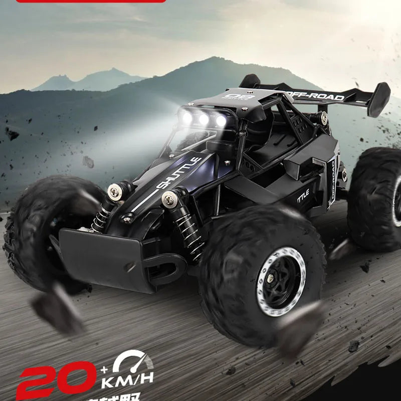 LAQTA off-road climbing RC car racing over rugged terrain, showcasing durable design and powerful tires for outdoor adventures.