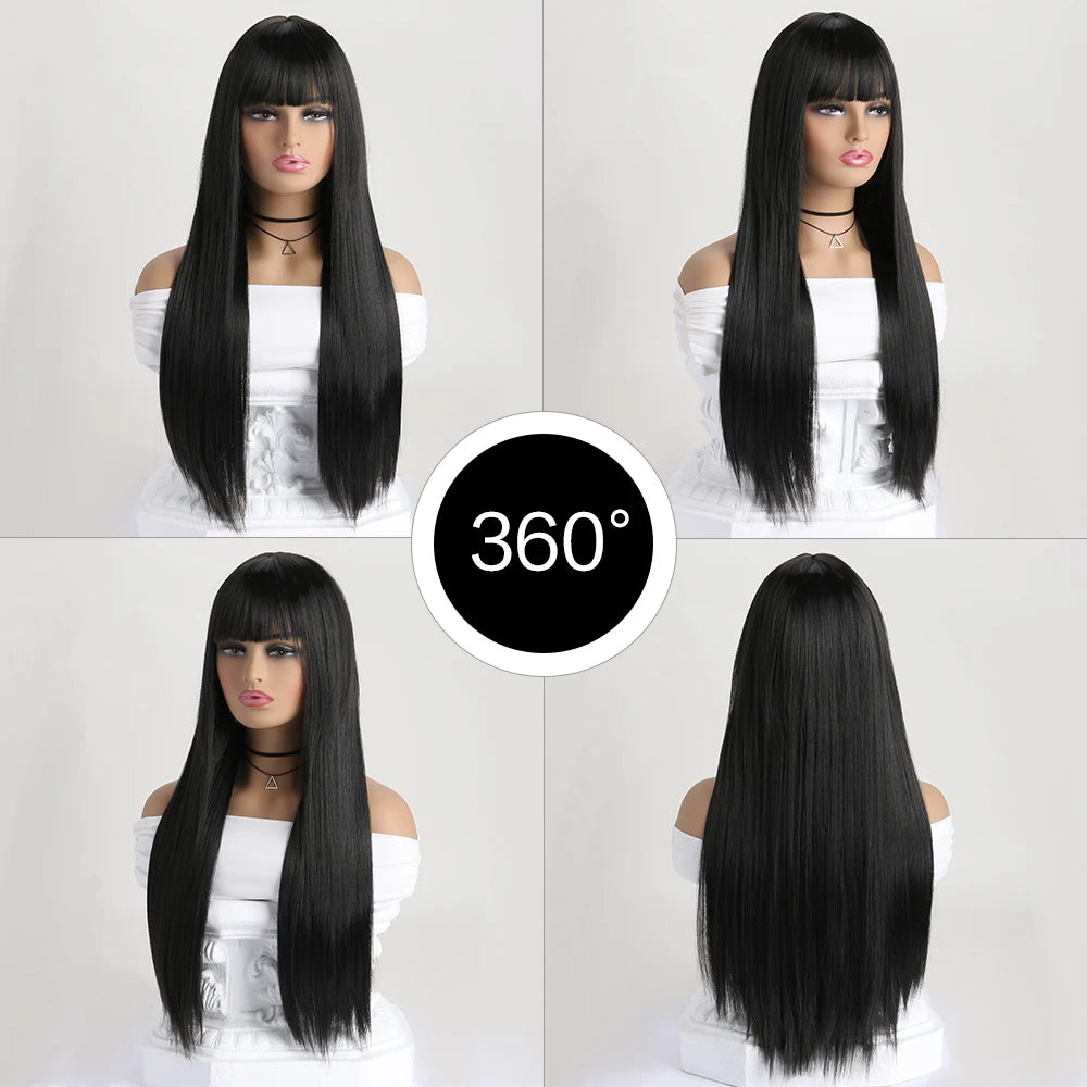 Long straight synthetic wig by LAQTA featuring sleek, smooth hair with natural shine and a classic straight style.