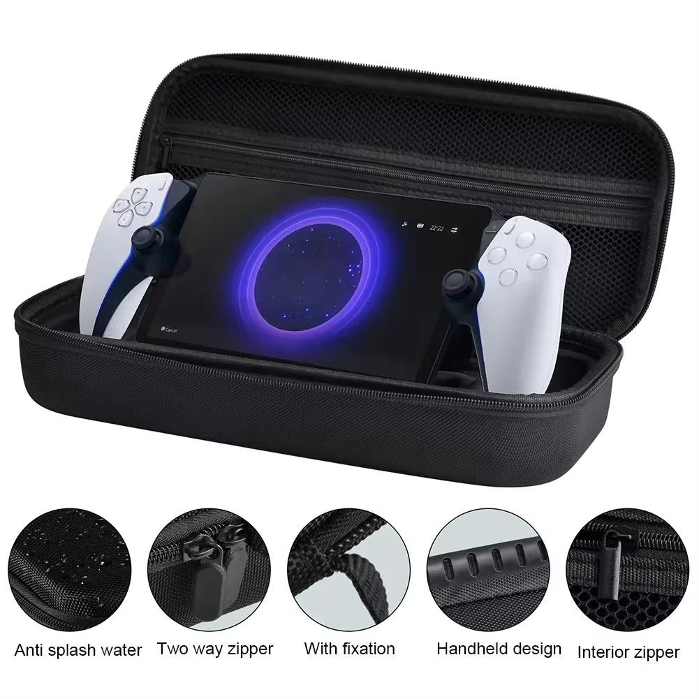 LAQTA EVA portable case bag designed for PS5, featuring a sleek black exterior and secure zipper closure for gaming console storage.