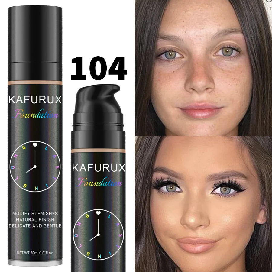 LAQTA liquid foundation with 8 color shades, smooth texture and natural finish, shown in a sleek bottle in the image.