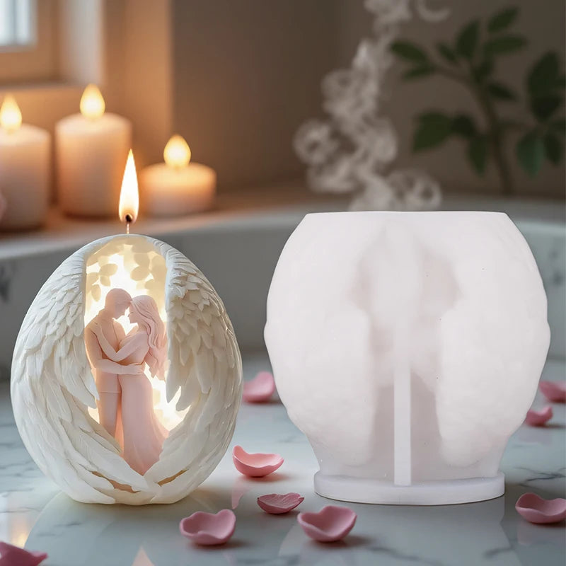 Angel candle mold by LAQTA, showing a detailed silicone mold with angel-shaped cavity for candle making.