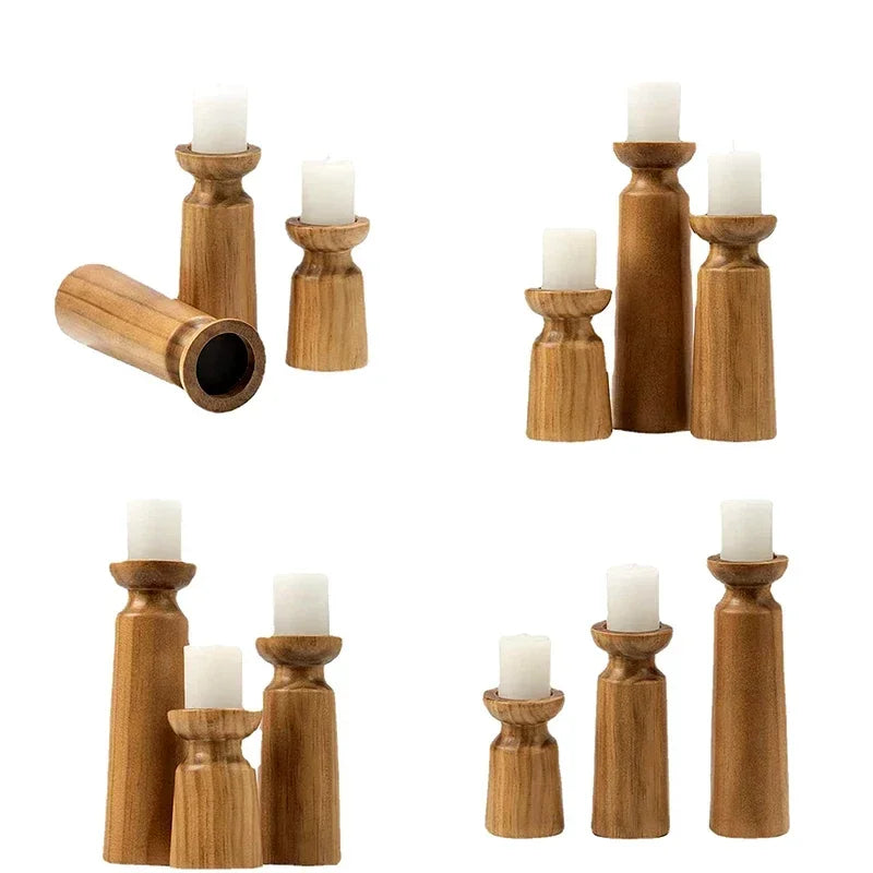 Set of natural wooden candlestick holders by LAQTA, showcasing smooth polished wood with classic tapered design for home decor.