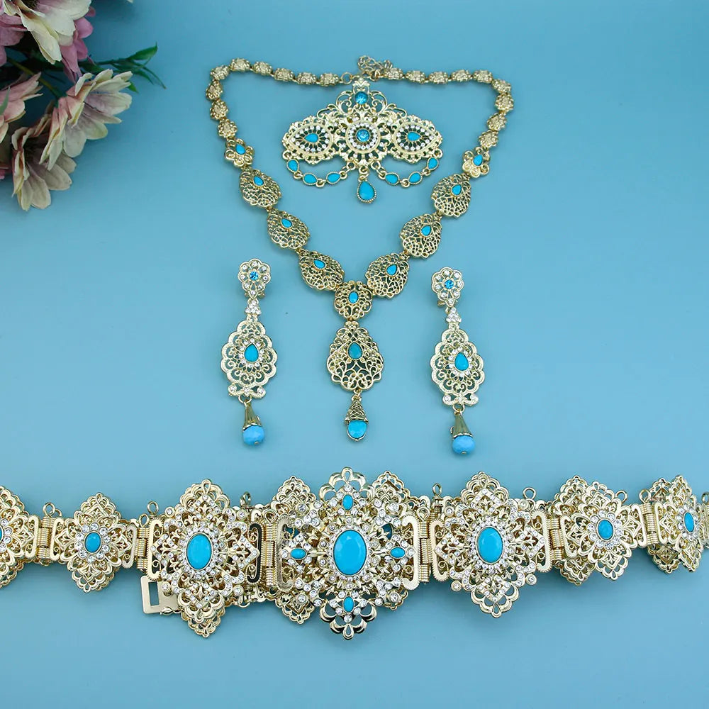 Elegant Arabic bride jewelry set by LAQTA featuring intricate gold and gemstone embellishments for special occasions.