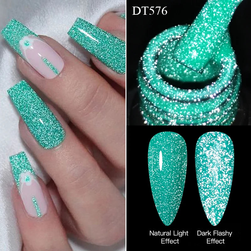 LAQTA fluorescent reflective gel nail polish with vibrant, glowing finish and smooth application on natural nails.