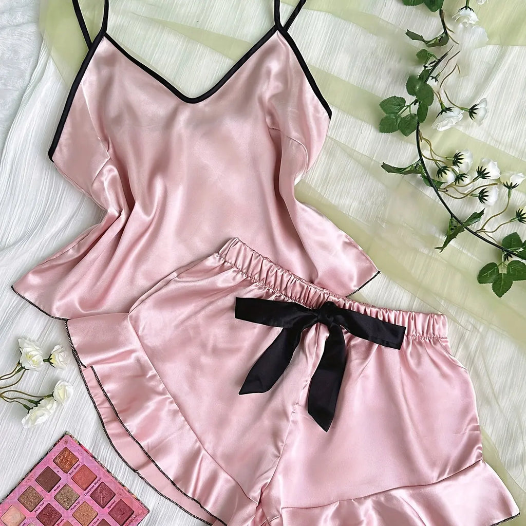 Women's smooth satin pajamas V-neck T-shirt by LAQTA, featuring a soft, shiny fabric and relaxed fit for comfortable sleepwear.