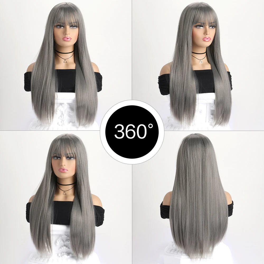 Long straight synthetic wig by LAQTA with smooth, sleek hair flowing past shoulders in natural black color.