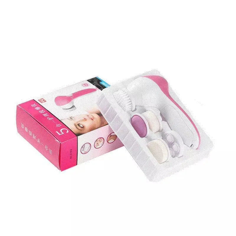 LAQTA Electric Facial Cleaner 5 in 1 with multiple attachments, shown with cleansing brush and facial accessories.