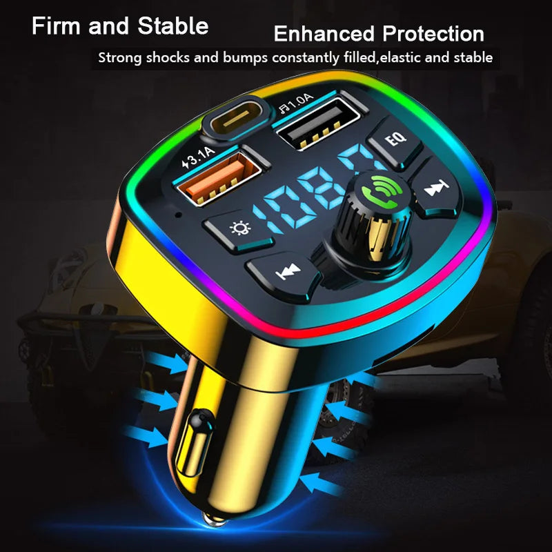 LAQTA Car Bluetooth 5.0 FM Transmitter connected to a vehicle dashboard showing digital display and control buttons