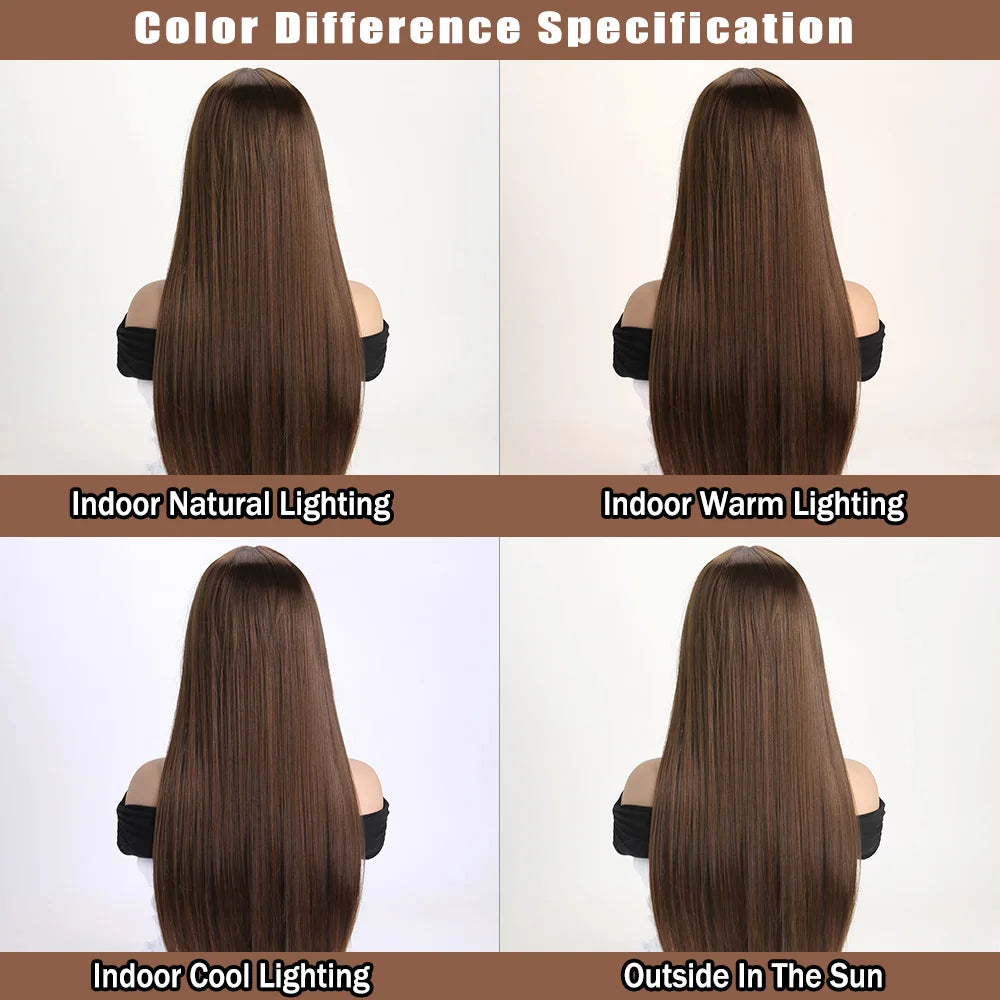 Long straight synthetic wig by LAQTA with sleek, smooth hair styled naturally, displayed on a mannequin against a neutral background.