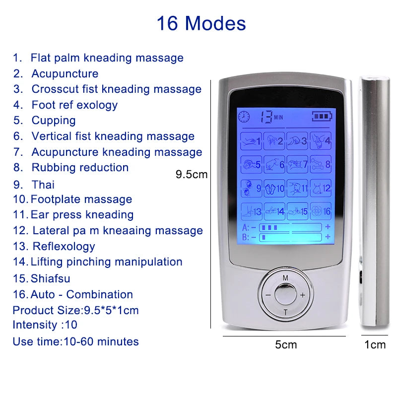 LAQTA Electric Tens Relax Muscle device with 16 modes, showing the handheld unit with digital display and electrode pads.