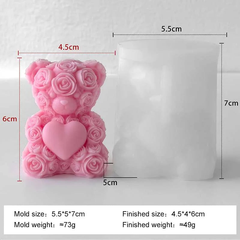 Silicone candle mold shaped like a love rose bear, used for creating decorative candles by LAQTA.