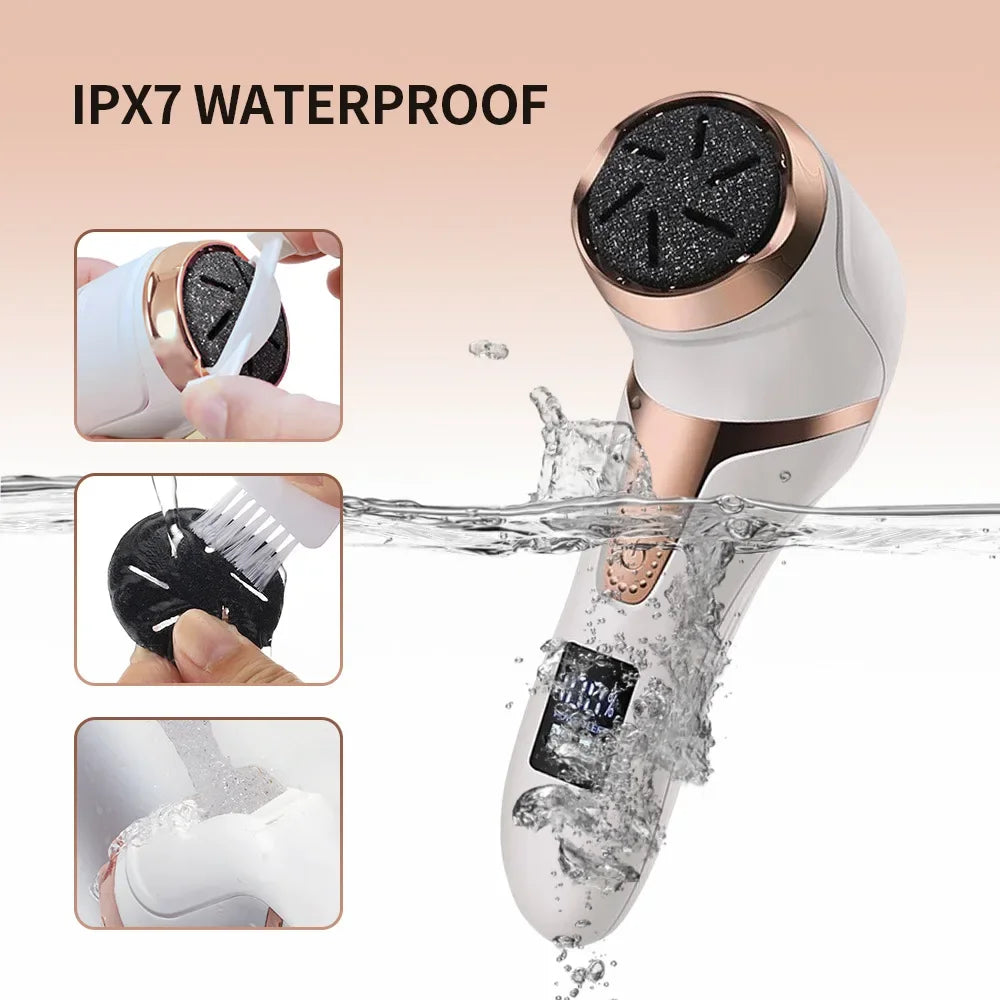 LAQTA electric foot file pedicure machine with ergonomic handle and abrasive roller for smooth, soft feet.