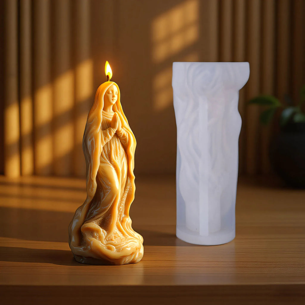 Silicone candle mold in Jesus statue design by LAQTA, showing detailed mold with religious figure for candle making.