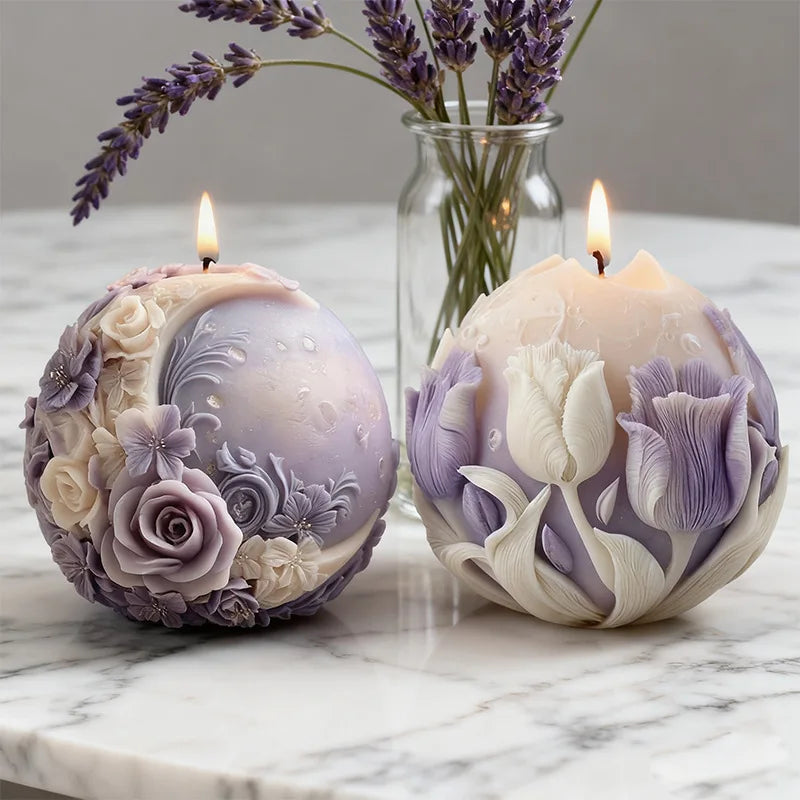 LAQTA floral moon ball spherical candle silicone mold, showing the detailed floral pattern and smooth silicone surface.