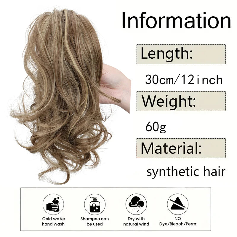 LAQTA short curly clip-in ponytail extension showing curled, textured hair ready for easy attachment and natural volume.
