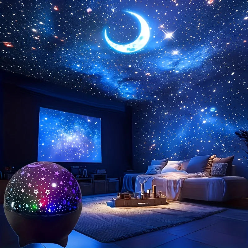 LAQTA Starry Sky Moon Projector LED Night Light displaying a glowing moon and starry sky scene in a dark room.
