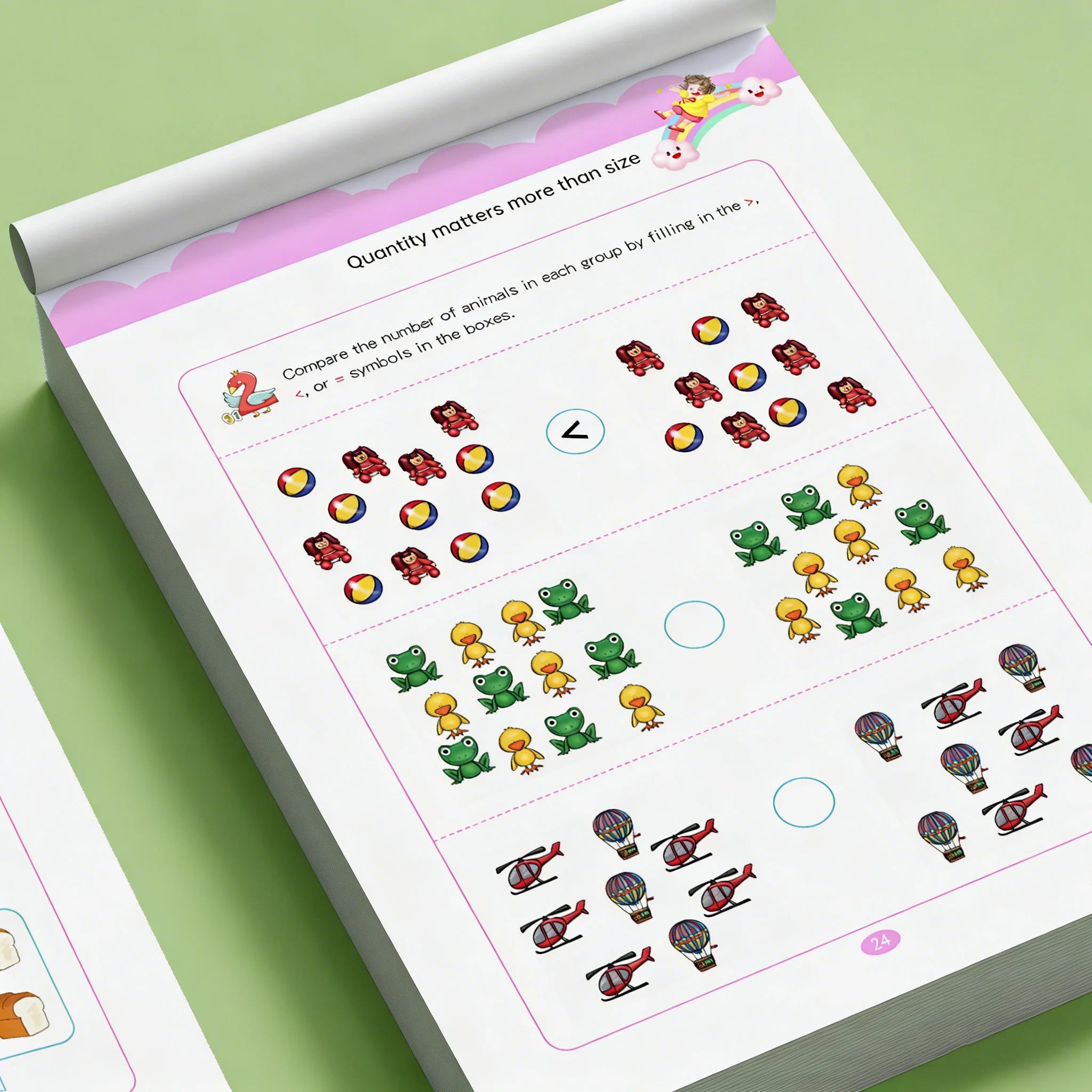 LAQTA math workbook with colorful pages and mathematical exercises for students, ideal for practicing addition, subtraction, and more.
