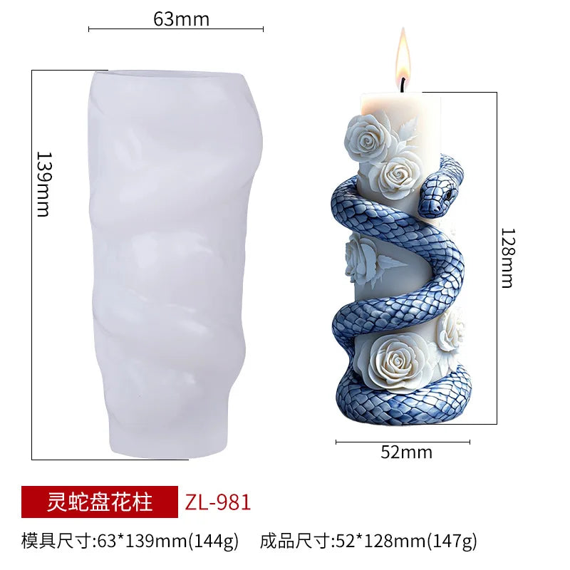 3D rotating snake relief candle silicone mold by LAQTA, showing detailed snake design for candle making and crafting.