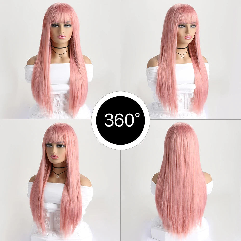 Long straight synthetic wig from LAQTA with sleek, smooth hair, styled naturally and flowing over the shoulders.