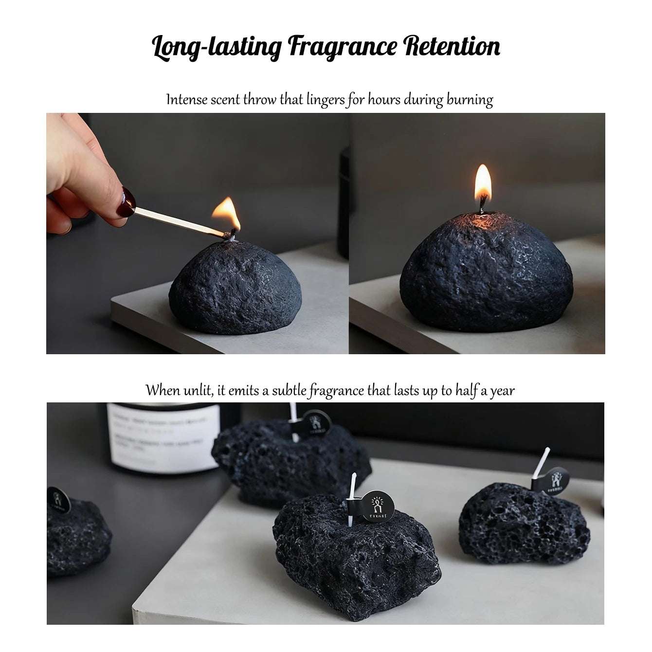 LAQTA Meteorite scented candle with a sleek black container and minimalist design, ideal for creating a calming ambiance.