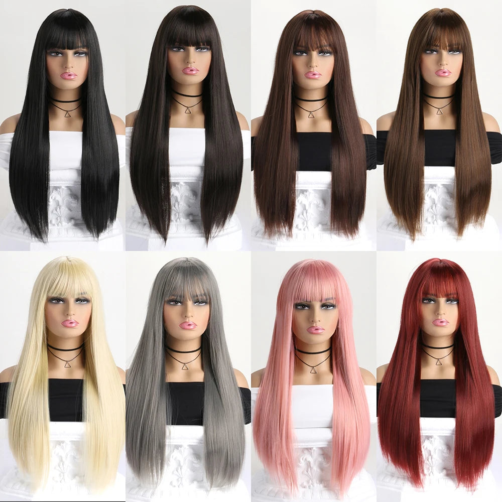Long straight synthetic wig by LAQTA with smooth, sleek hair flowing down, styled naturally on a mannequin head.