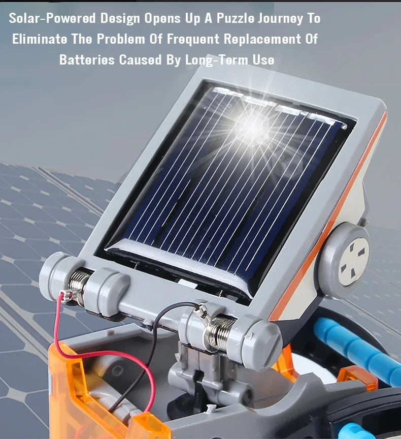 LAQTA 12-in-1 science experiment solar robot toy showing assembled robot with solar panel and colorful components on a white background.