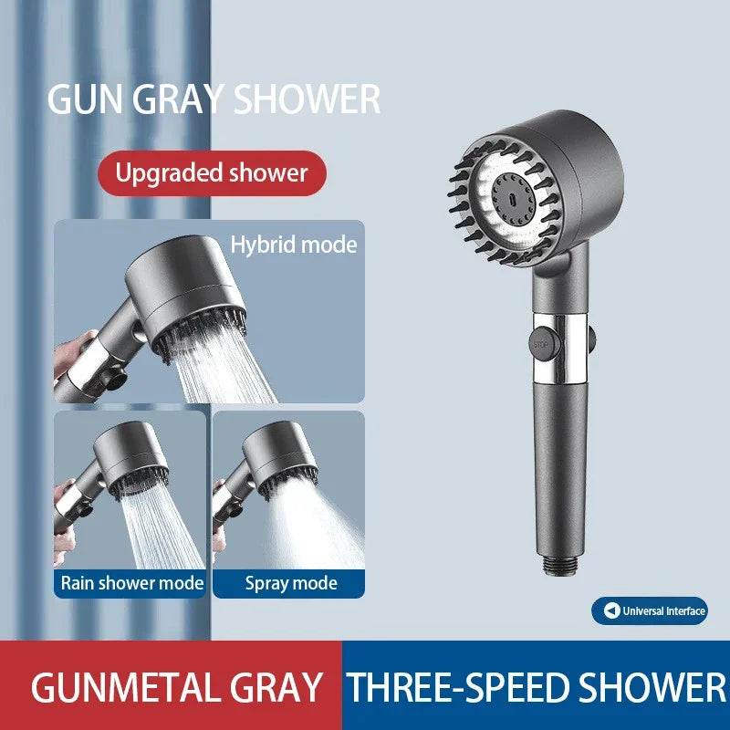 LAQTA high pressurized filter shower head with sleek design and multiple spray settings, mounted on a bathroom wall.