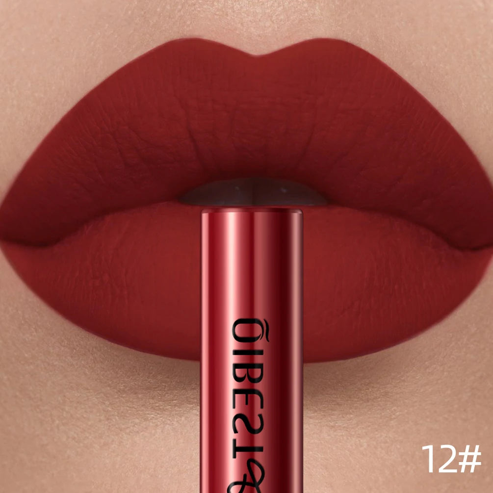 LAQTA matte liquid lipstick in deep nude shade, featuring a sleek applicator and smooth, velvety finish.