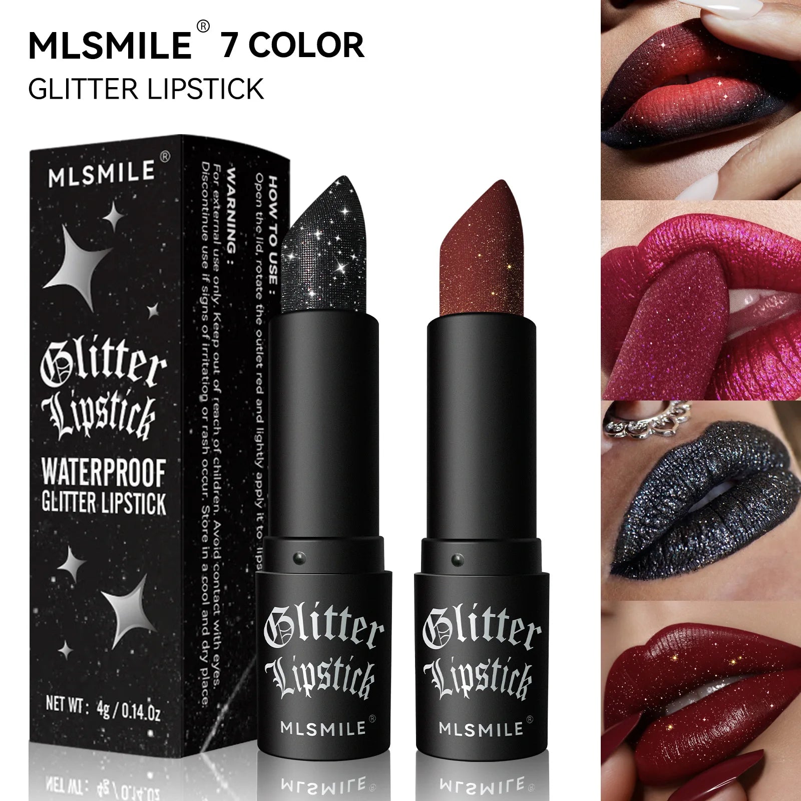 LAQTA waterproof glitter lipstick with shimmering finish, shown in a close-up emphasizing its vibrant, sparkling color.
