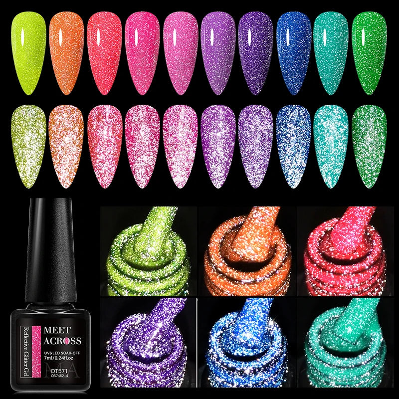 LAQTA fluorescent reflective gel nail polish in vibrant color, showing a close-up of the glossy, shiny nail with reflective finish.