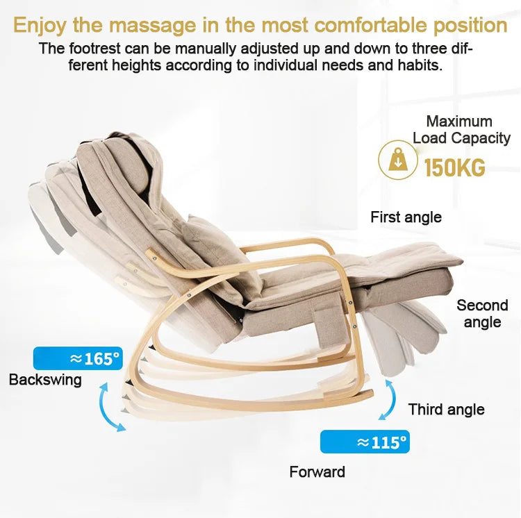 LAQTA electric rocking massage chair with padded upholstery and built-in massage rollers for relaxing comfort.